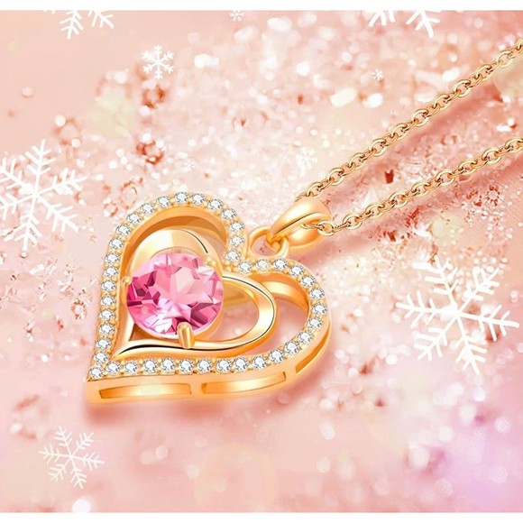 Heart Birthstone Necklace For Women- Opal Pink - Picture 4 of 5